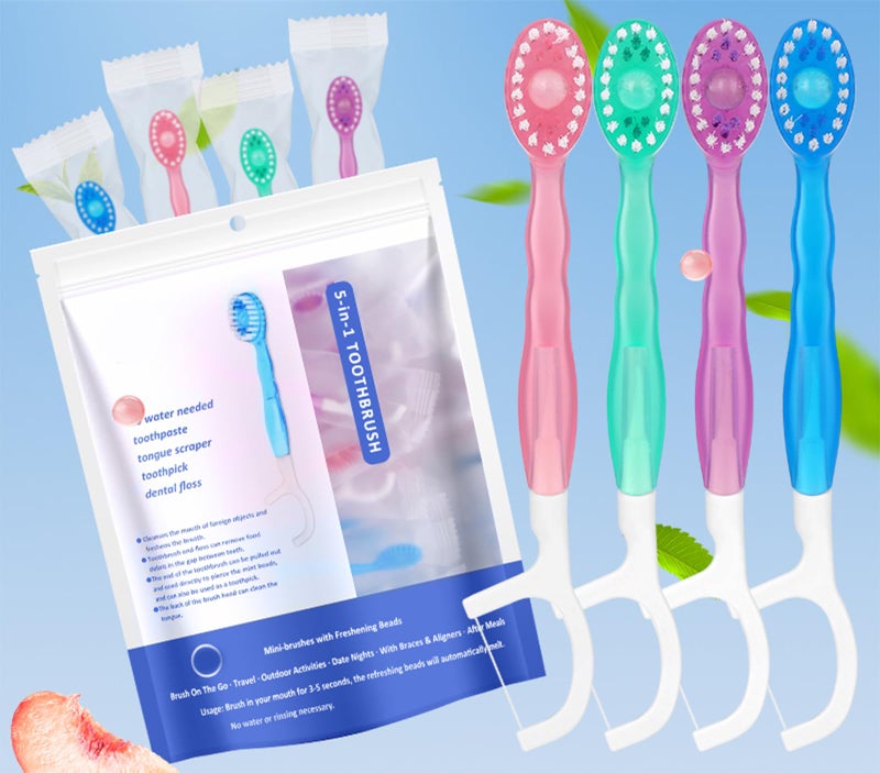 Vonmerie 28Pcs Disposable Mini Toothbrushes with Toothpaste, 5 in 1 (Pre-Tied | Floss | Tongue Scraper | Fresh Breath | Toothpick) Mini Toothbrush (Mixed Flavours)